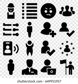 User icons set. set of 16 user filled icons such as man, man with laptop, worker, angry emot, businessman, add friend, menu, call, man with flag