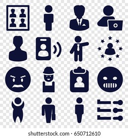 User icons set. set of 16 user filled icons such as man, businessman, man with laptop, worker, angry emot, photo for passport, call, man with case, clipboard
