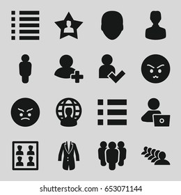 User icons set. set of 16 user filled icons such as face, group, man with laptop, angry emot, add friend, menu, jacket