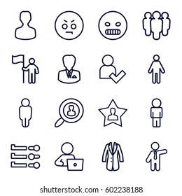 user icons set. Set of 16 user outline icons such as businessman, man with laptop, jacket, angry emot, man with flag, group, man