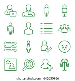 User icons set. set of 16 user outline icons such as woman, man with laptop, businessman, add friend, menu, jacket, favorite photo, angry emot, man with case
