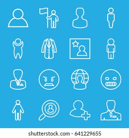 User icons set. set of 16 user outline icons such as man, businessman, add friend, jacket, favorite photo, angry emot