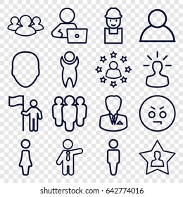 User icons set. set of 16 user outline icons such as face, man, woman, businessman, man with laptop, worker, group, angry emot
