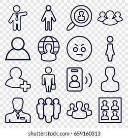 User icons set. set of 16 user outline icons such as woman, businessman, group, add friend, photo for passport, call, angry emot, man with case
