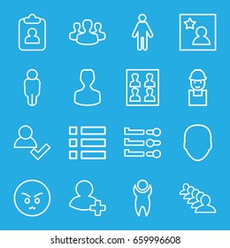 User icons set. set of 16 user outline icons such as face, group, worker, add friend, photo for passport, favorite photo, angry emot, man, clipboard, menu