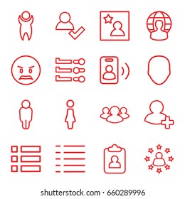 User icons set. set of 16 user outline icons such as face, woman, group, add friend, menu, favorite photo, call, angry emot, man, clipboard