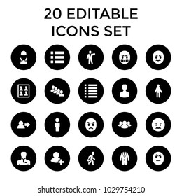 User icons. set of 20 editable filled user icons such as angry emot, man, menu, businessman, group, add friend, jacket. best quality user elements in trendy style.