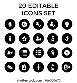 User icons. set of 20 editable filled user icons such as man, worker, man with case, angry emot, clipboard, menu, jacket, call, woman