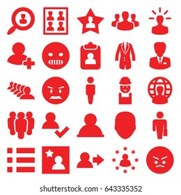 User icons set. set of 25 user filled icons such as face, man, group, worker, angry emot, add friend, jacket, photo for passport, favorite photo, businessman, man with case