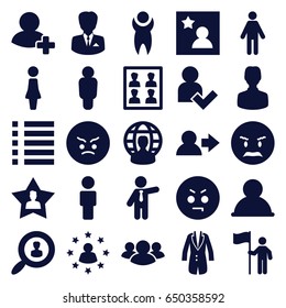 User icons set. set of 25 user filled icons such as woman, businessman, angry emot, group, add friend, menu, jacket, photo for passport, favorite photo, man