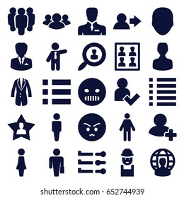 User icons set. set of 25 user filled icons such as face, man, woman, businessman, worker, angry emot, group, add friend, menu, jacket, photo for passport, man with case