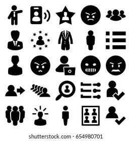 User icons set. set of 25 user filled icons such as man, businessman, group, man with laptop, angry emot, jacket, photo for passport, call, menu