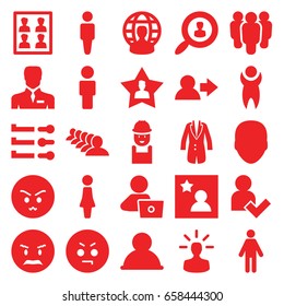 User icons set. set of 25 user filled icons such as face, man, woman, group, man with laptop, worker, angry emot, businessman, jacket, photo for passport, favorite photo