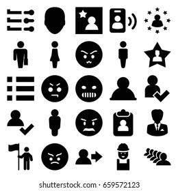 User icons set. set of 25 user filled icons such as face, man, woman, group, worker, angry emot, favorite photo, businessman, call, man with flag, man with case, clipboard