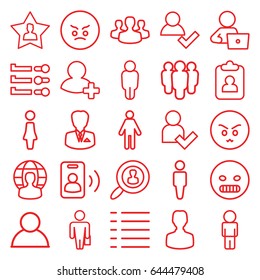 User icons set. set of 25 user outline icons such as man, woman, man with laptop, add friend, menu, businessman, call, angry emot, man with case, clipboard, group