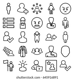 User icons set. set of 25 user outline icons such as face, man, group, man with laptop, worker, businessman, add friend, jacket, favorite photo, angry emot
