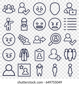 User icons set. set of 25 user outline icons such as face, man, woman, businessman, group, man with laptop, worker, add friend, menu, jacket, favorite photo, angry emot