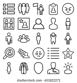 User icons set. set of 25 user outline icons such as face, man, woman, group, businessman, menu, jacket, photo for passport, favorite photo, angry emot, man with case