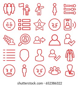 User icons set. set of 25 user outline icons such as face, man, woman, businessman, group, menu, jacket, call, angry emot, man with flag