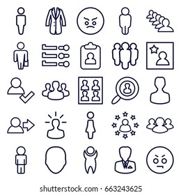 User icons set. set of 25 user outline icons such as face, man, woman, group, jacket, photo for passport, favorite photo, businessman, angry emot, man with case, clipboard