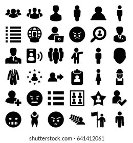 User icons set. set of 36 user filled icons such as face, man, woman, businessman, group, man with laptop, worker, angry emot, add friend, menu, jacket, photo for passport