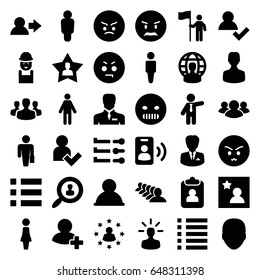 User icons set. set of 36 user filled icons such as face, man, woman, businessman, group, worker, angry emot, add friend, menu, favorite photo, call, man with flag