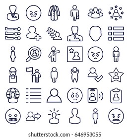 User icons set. set of 36 user outline icons such as face, man, woman, businessman, group, worker, add friend, menu, jacket, favorite photo, call, angry emot, man with case