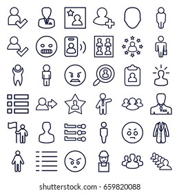 User icons set. set of 36 user outline icons such as face, man, businessman, group, worker, add friend, menu, jacket, photo for passport, favorite photo, call, angry emot