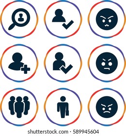 user icons set. Set of 9 user filled icons such as angry emot, add friend, man with case