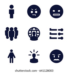 User icons set. set of 9 user filled icons such as angry emot, group, man
