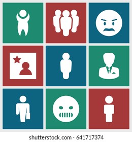 User icons set. set of 9 user filled icons such as angry emot, favorite photo, businessman, man, man with case, user