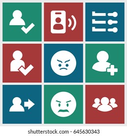 User icons set. set of 9 user filled icons such as angry emot, group, add friend, call
