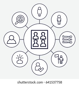 User icons set. set of 9 user outline icons such as photo for passport, man with flag