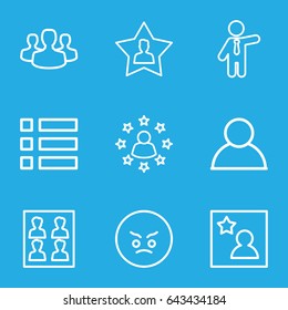 User icons set. set of 9 user outline icons such as businessman, photo for passport, favorite photo, angry emot