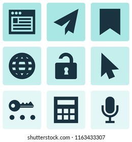 User icons set with browser, globe, cursor and other web elements. Isolated vector illustration user icons.