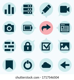 User icons set with cloud, battery, power on and other check elements. Isolated vector illustration user icons.