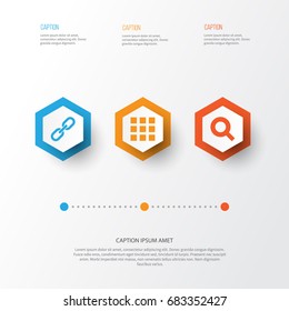 User Icons Set. Collection Of Application, Magnifier, Chain And Other Elements. Also Includes Symbols Such As Link, Chain, Search.