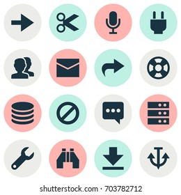 User Icons Set. Collection Of Db, Armature, Datacenter And Other Elements. Also Includes Symbols Such As Plug, Cut, Microphone.