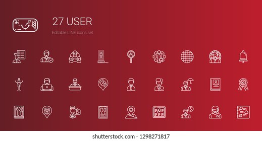 user icons set. Collection of user with employee, menu, placeholder, driver, manual, businessman, man, grid, job search, woman, badge, biography. Editable and scalable user icons.