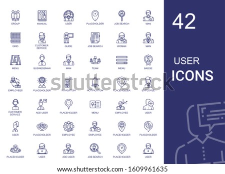 user icons set. Collection of user with group, manual, placeholder, job search, man, grid, customer service, guide, woman, menu, businessman. Editable and scalable user icons.