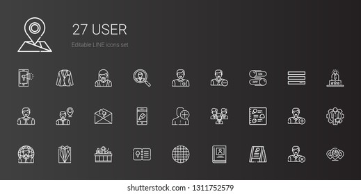 User Icons Set. Collection Of User With Menu, Biography, Grid, Receptionist, Suit, Team, App, Notification, Employee, Man, Switch, Placeholder. Editable And Scalable User Icons.