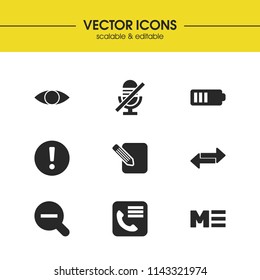 User icons set with menu, middle of charge and information elements. Set of user icons and microphone concept. Editable vector elements for logo app UI design.