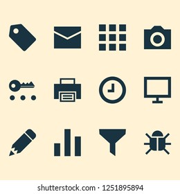 User icons set with print, display, wait and other key  elements. Isolated vector illustration user icons.