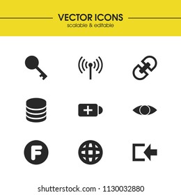 User icons set with see, datacenter and f symbol elements. Set of user icons and letter f concept. Editable vector elements for logo app UI design.