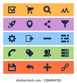 User icons set with task, setting, launch and other action elements. Isolated vector illustration user icons.