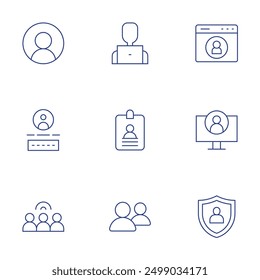 Conjunto de iconos de usuario. Estilo de línea delgada, trazo editable. usuario, protección del usuario, tarjeta de identificación, amigos, desarrollador.