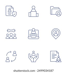 Conjunto de iconos de usuario. Estilo de línea delgada, trazo editable. Asistencia técnica, perfil, marcador de posición, cambio, Inicio de sesión, humanitario, primero, usuario, datos.