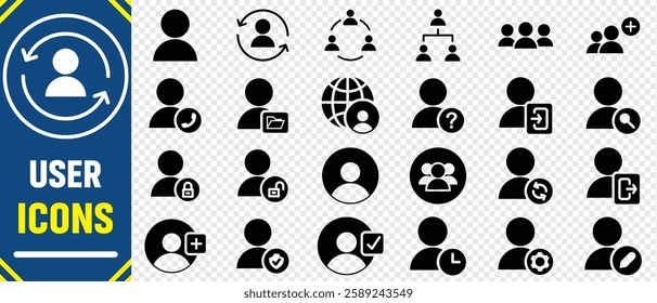 User icons . Simple set of user related vector  icons. Contains icons such as man, woman, profile, personal quality and many other good icons.Team people. User profile symbol.