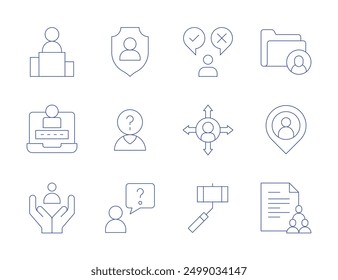 Benutzersymbole. Stil der dünnen Linie, bearbeitbarer Strich. Benutzer, persönliche Sicherheit, Frage, Profil, Platzhalter, Avatar, Login, humanitäre, erste, Daten.
