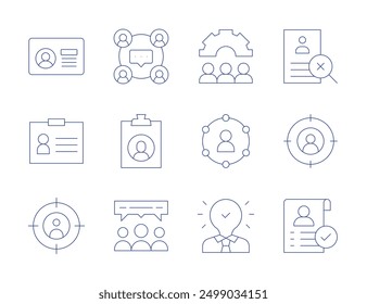 Benutzersymbole. Stil der dünnen Linie, bearbeitbarer Strich. Teammeeting, genehmigt, Benutzer, Idee, Ausrüstung, Diagramm, Mitgliedschaft, ID-Karte, Fokus.